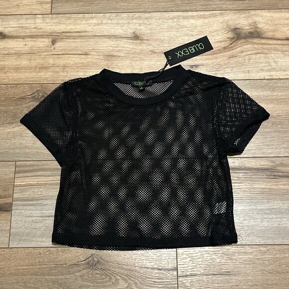 Dolls Kill Club Exx Fishnet Crop Top SZ Large Black Mesh Stretch Tee Shirt - Picture 1 of 9